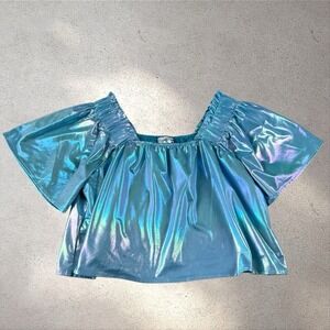 Queen of Sparkles Blue Holographic Flutter Crop Swing Top Sz S